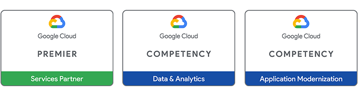 Three Google Cloud badges: Premier Services Partner, Data and Analytics Competency and Application Modernization